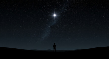 Fototapeta premium A solitary figure gazes upward at a brilliant star. 