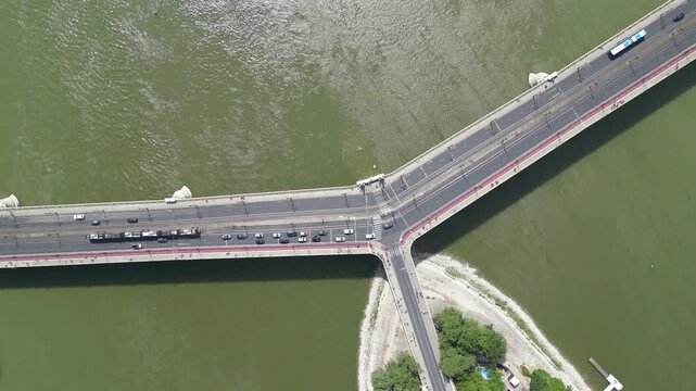 Aerial shot of Margaret island (Margitsziget) and Margaret Bridge (Margit h&iacute;d) in Budapest.