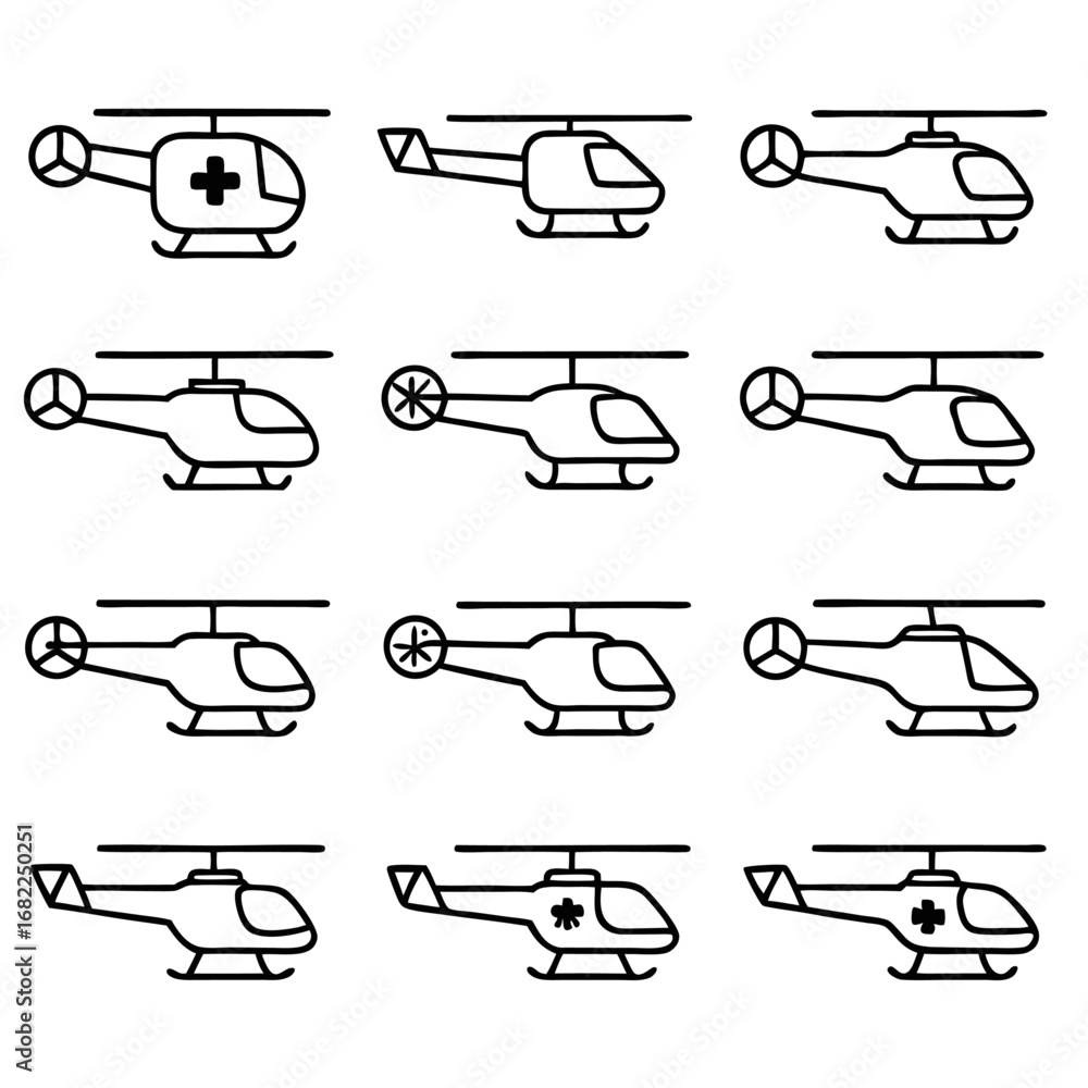 Poster set of various helicopter icons representing different types and styles
