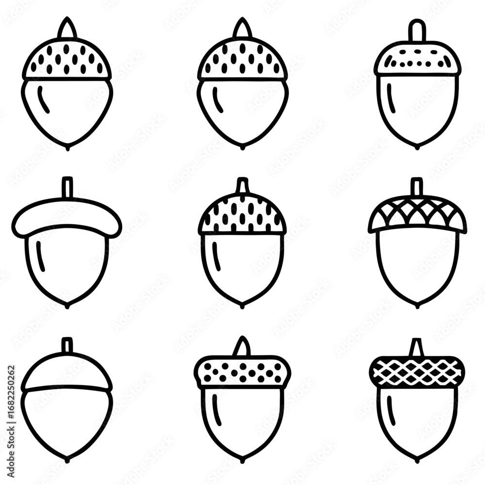 Poster collection of various acorn icons representing different styles and shapes