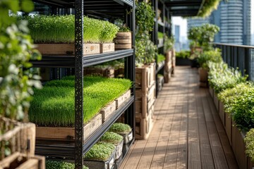 Urban Rooftop Garden with Fresh Greenery and Vibrant Plant Life