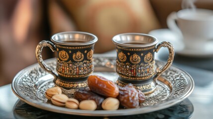 Fototapeta premium Golden coffee set with dates and nuts 