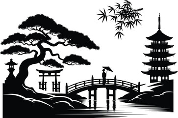 Naklejka premium Traditional Japanese garden landscape with bonsai tree, pagoda, torii gate, bridge, bamboo branch, and person holding umbrella silhouette vector.