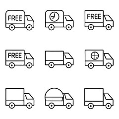 Collection of delivery truck icons representing shipping and transportation services for business