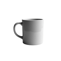 A glossy, blank white mug, centered against a black background, displays smooth curves and a simple handle.