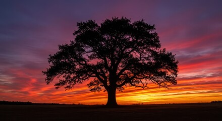 Obraz premium A solitary oak tree stands silhouetted against a vibrant sunrise, showcasing a dramatic color palette of fiery oranges, deep purples, and vivid pinks across a serene field.