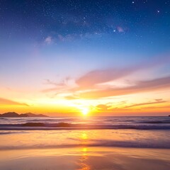 Fototapeta premium A breathtaking sunset paints the tranquil beach scene with vibrant hues, from golden orange to soft blues, featuring a dramatic sky filled with stars.