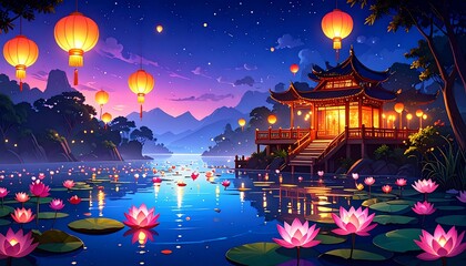 Tranquil night scene featuring traditional Asian architecture, lanterns, and lotus flowers