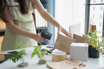 Asian Women Entrepreneurs in SME Using Laptops to Process Online Orders and Manage Parcel Deliveries.
