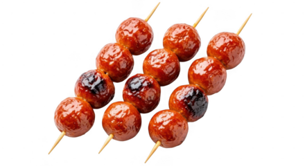 Several glazed meatballs on skewers are arranged in a diagonal line against a transparent background