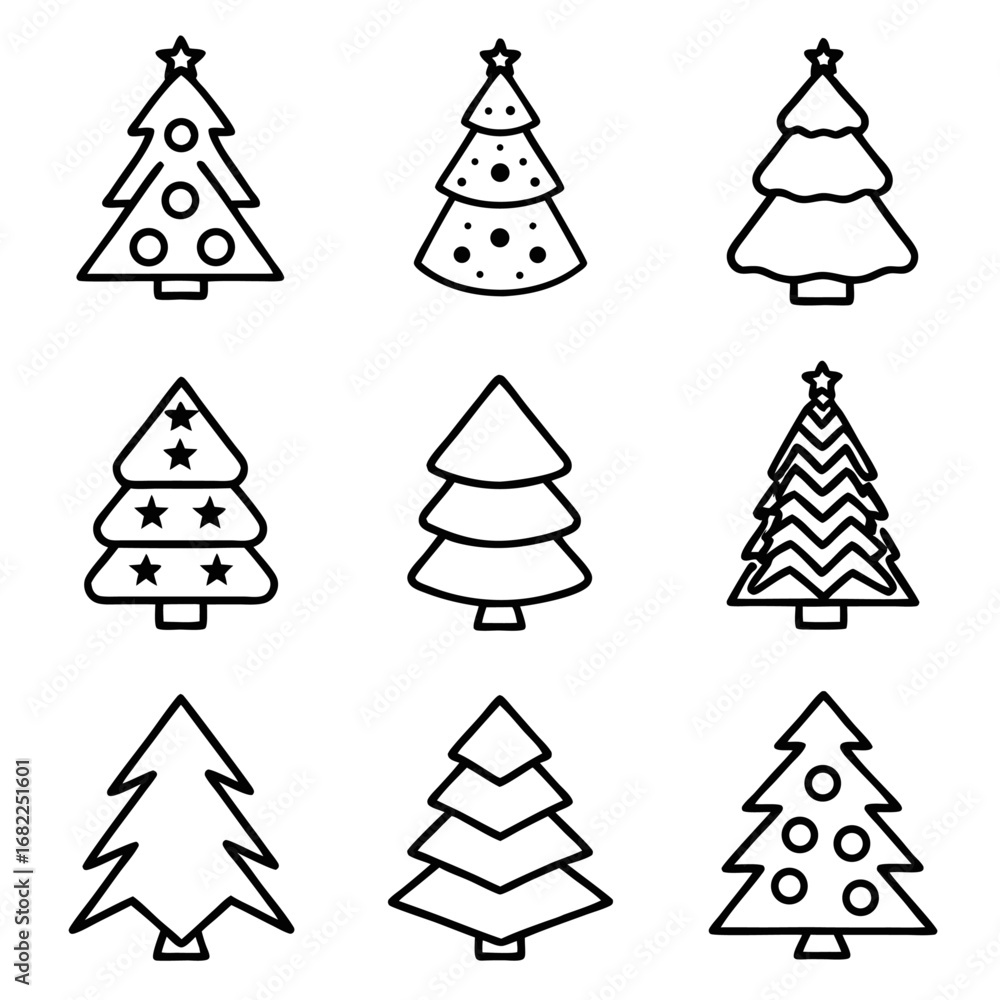 Poster collection of nine christmas trees with various designs and patterns in line art style