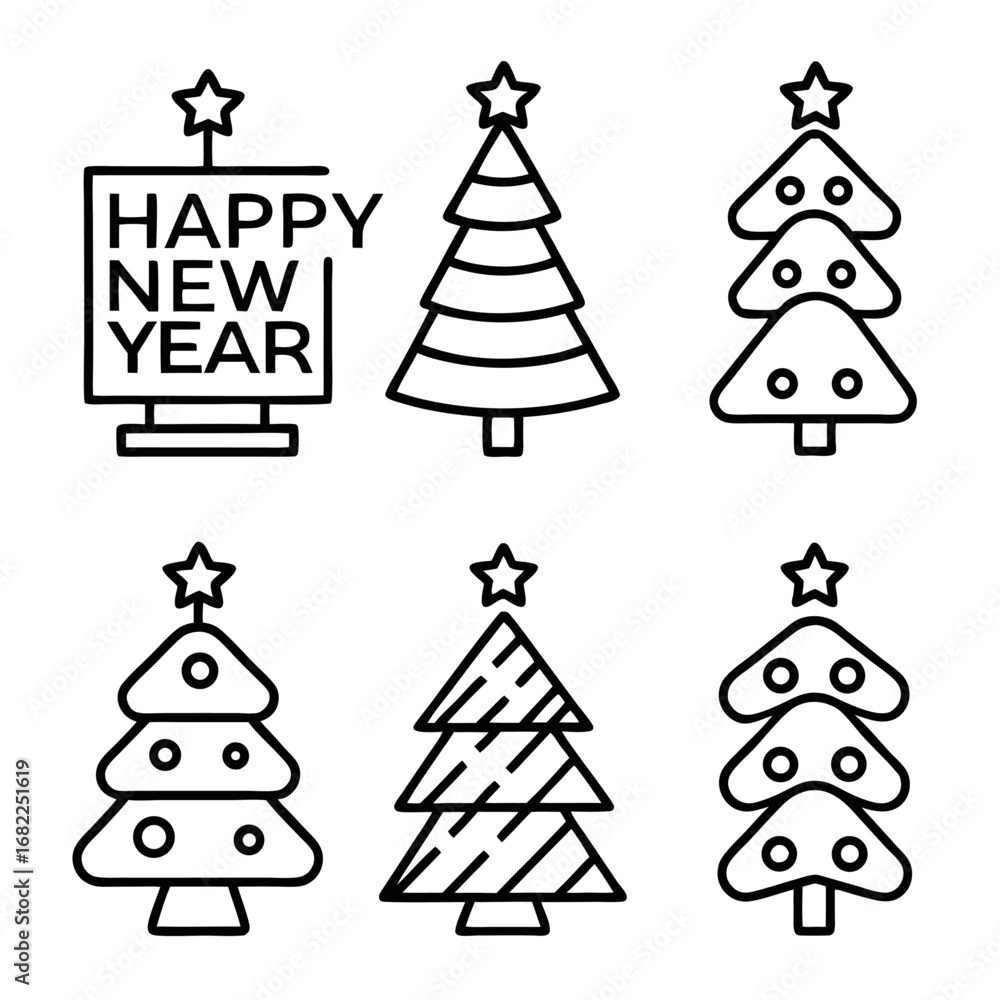 Poster collection of six christmas trees with various designs and patterns in line art style for new year