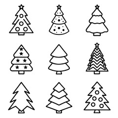 Obraz premium Collection of nine christmas trees with various designs and patterns in line art style