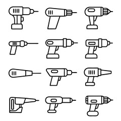 Set of various drill icons, representing different types and designs of power tools for construction