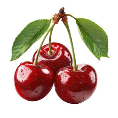 Three ripe cherries on stems with leaves