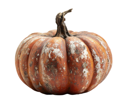 A single, weathered pumpkin.  It's a small, round pumpkin with a bumpy, orange-tan skin.  Patches of light gray and brown discoloration are visible. The stem is attached to the top