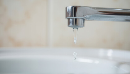 Dripping water from a modern chrome faucet above a white sink  