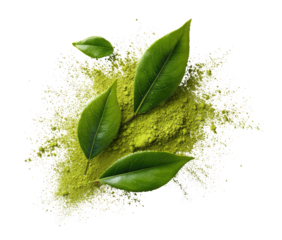 Fresh green tea powder with vibrant leaves