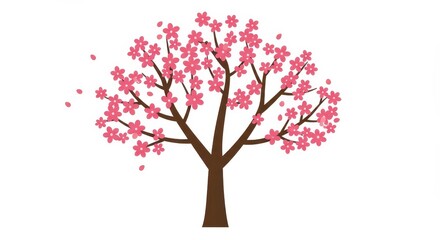 Obraz premium A decorative illustration of a cherry blossom tree with pink flowers and brown branches against a white background.