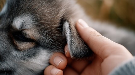 Close up of  person's hand gently touching  husky puppy's soft ear and fur showing  close bond