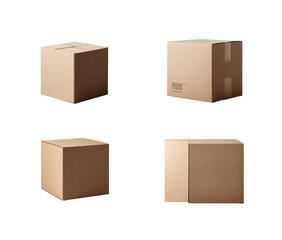 Fototapeta premium Four perspectives of a light brown cardboard box, showing its cubic shape and taped edges