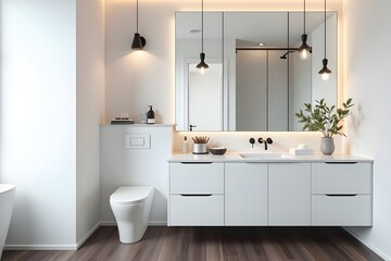 brand new white bathroom with black light fixtures, white counter tops and white, painted cabinets