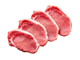 Four fresh, raw boneless pork loin chops, neatly arranged. This classic lean cut with a flavorful fat cap is perfect for a quick and easy grilling.