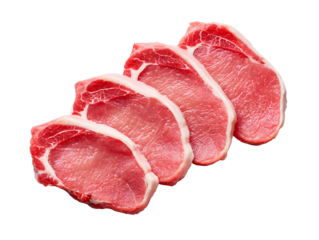 Four fresh, raw boneless pork loin chops, neatly arranged. This classic lean cut with a flavorful fat cap is perfect for a quick and easy grilling.