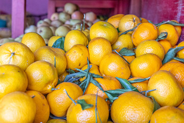 Fresh mandarins in natural light, with vibrant texture and rich color. Perfect for themes of health, freshness, organic food, and Mediterranean lifestyle.