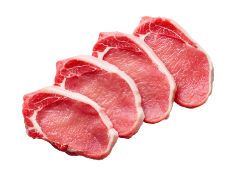 Four fresh, raw boneless pork loin chops, neatly arranged. This classic lean cut with a flavorful fat cap is perfect for a quick and easy grilling.