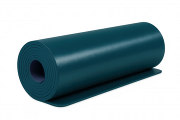 Teal yoga mat tightly rolled, clean surface prepared for workout, positioned against neutral transparent backdrop ready for wellness session