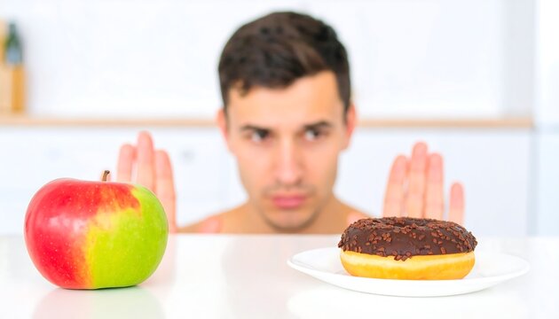 Man chooses between apple and donut