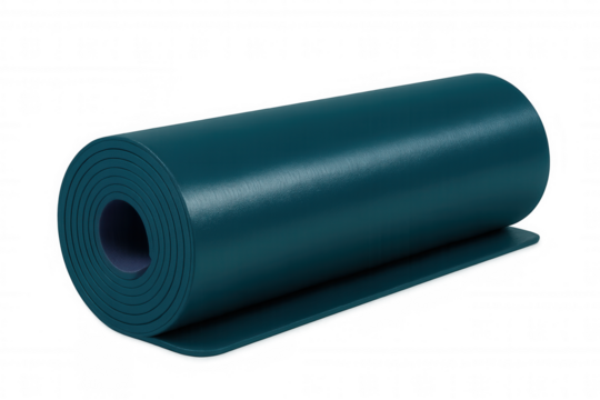 Teal yoga mat tightly rolled, clean surface prepared for workout, positioned against neutral transparent backdrop ready for wellness session