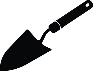 Garden trowel icon, black silhouette tool, hand shovel vector, gardening equipment, planting tool illustration, isolated spade image for landscaping