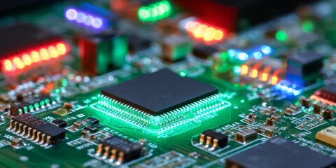E-Waste Recycling Initiatives for a Sustainable Future, Close-up of a circuit board with colorful LED lights and integrated circuits.