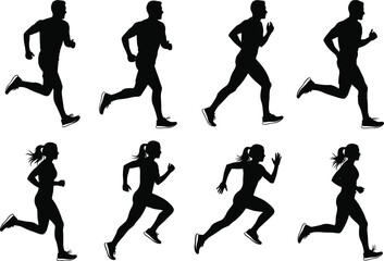 Male and female runner silhouettes in dynamic motion, side profile athletic poses for sports training, biomechanics, animation, fitness, and active lifestyle themes