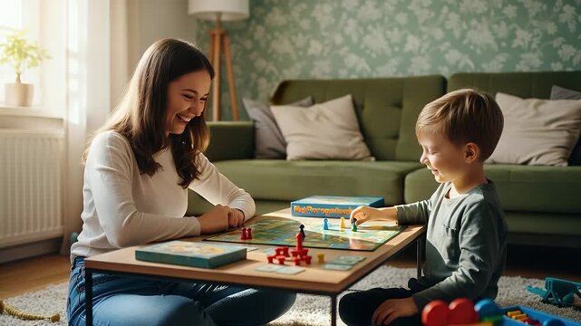 Joyful mother and son playing board game together on the living room floor, sharing happy family moments and quality time