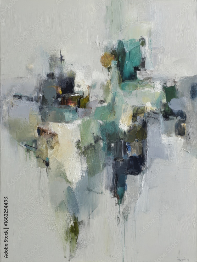 Poster abstract composition featuring fluid shapes and colors in a modern art style with a focus on blue an