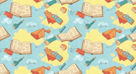 Seamless Pattern with School Supplies on Sky Background.