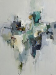 Abstract Composition Featuring Fluid Shapes and Colors in a Modern Art Style With a Focus on Blue and Green Tones in an Indoor Setting