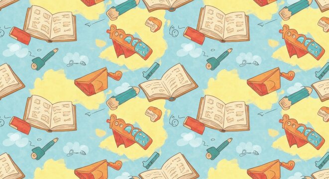 Seamless Pattern with School Supplies on Sky Background.