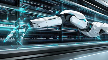 Advanced Robotic Arm Interacting with Digital Interface in a Futuristic Setting