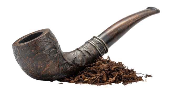 Dark Wood Smoking Pipe with Tobacco Pile isolated on a Transparent or white Background
