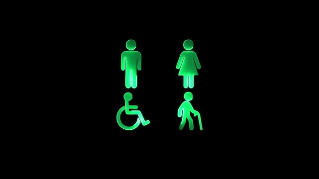 neon glowing wheelchair accessibility sign icon on black background. Modern disability symbol for hospital, healthcare, public places, restroom access, inclusive design, digital illustration, safety.