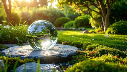 Crystal sphere reflecting a garden scene on a stone, captured in beautiful sunlight