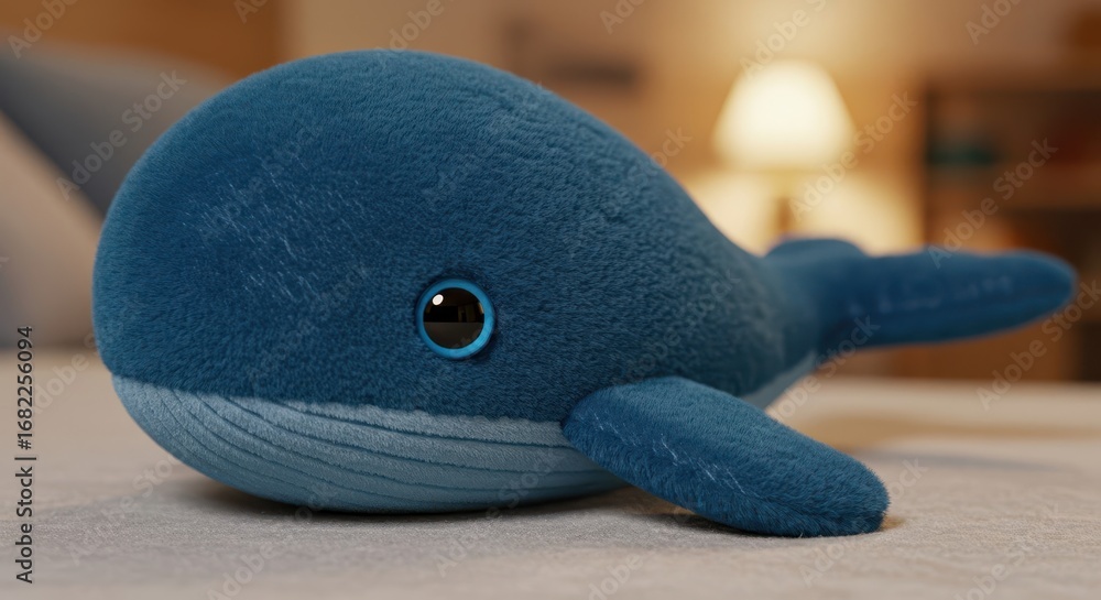 Poster a charming, soft blue whale plush toy rests gently on a light-toned surface, its delicate features a
