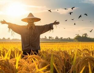 Golden Harvest Guardian: A Smiling Scarecrow in the Rice Field