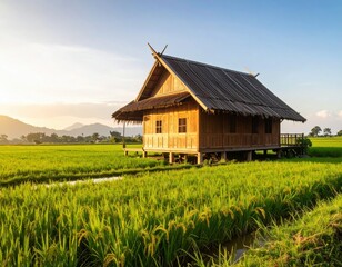 Traditional Thai House in Rice Field at Sunset