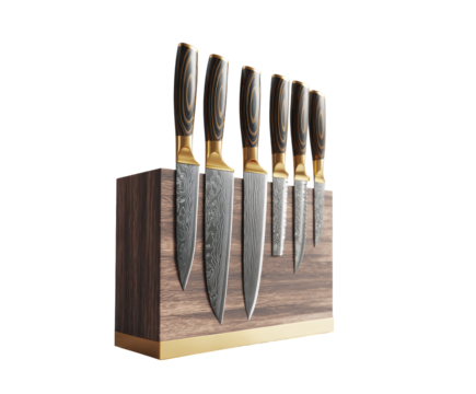 Kitchen knife set in a wooden block.  Blades are dark,  with a hammered look.  Handles are dark wood with gold accents.  A sleek and modern presentation