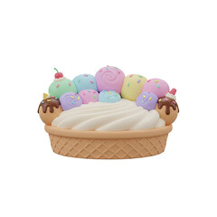 Delicious multi-flavored ice cream in a waffle cone, a sweet treat for hot summer days, a vibrant dessert